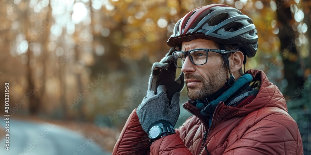 Closeup of man with glasses and gloves tying or removing helmet. Athlete wearing helmet for safety. Professional cyclist training outside or preparing for a ride Closeup of man with glasses and gloves tying or removing helmet. Athlete wearing helmet for safety. Professional cyclist training outside or preparing for a ride