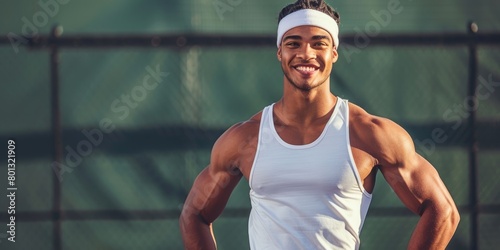 Smiley mixed-race tennis player alone on court. An athletic Hispanic with hands on hips and confidence at sports club. Get ready for a fit game