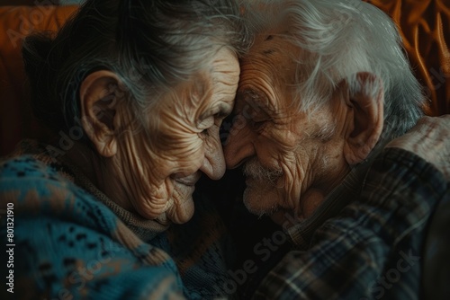 Face, love, and trust with a senior couple in their home, touching heads in solidarity. Relax, serenity, or romance with a senior man and woman in their retirement home.