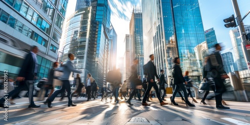 Silhouettes of workers walking, trading, or doing business blur abstract motion. Modern office structures, blurry lighting. Corporate marketing, wallpaper, and background for employees © LukaszDesign