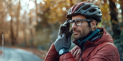 Closeup of man with glasses and gloves tying or removing helmet. Athlete wearing helmet for safety. Professional cyclist training outside or preparing for a ride photo
