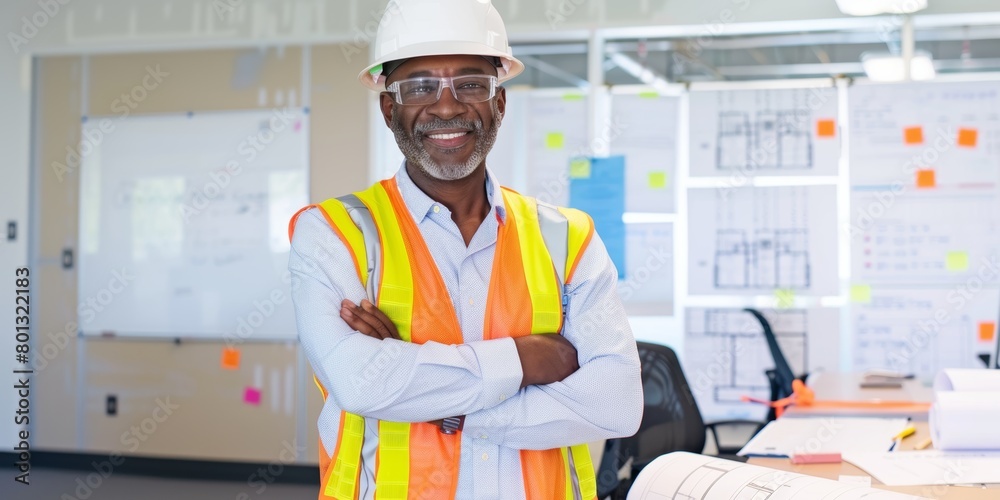 Engineer, technician, or construction worker happy in office for architecture, construction, and building projects. An engineering manager smiles for vision, aim, and career. Engineer, technician, or construction worker happy in office for architecture, construction, and building projects. An engineering manager smiles for vision, aim, and career.