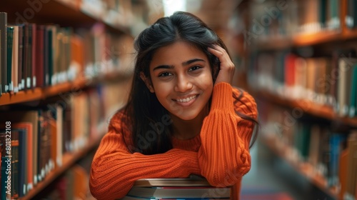 Portrait of an Indian woman on the floor with books to rest, smile, and learn. Academic or female student in library, knowledge and rest after studying and college. photo