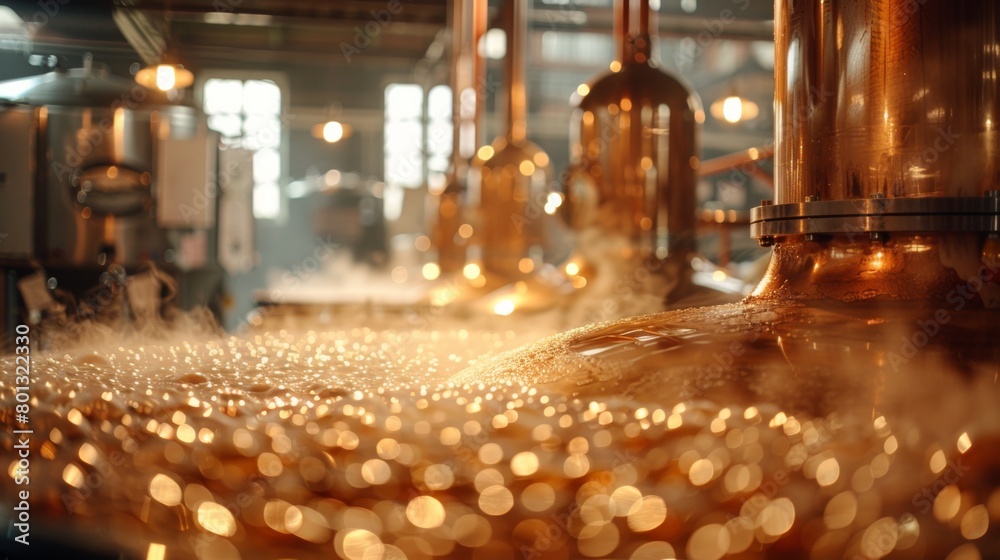 Brewing Vessels: A real photo shot depicting brewing vessels in action, with steam rising from boiling wort and hops being added, maintaining naturalness in the brewery environment.