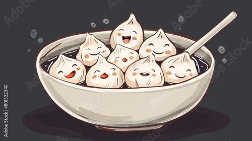 Dumplings with smiling faces in soup bowl, chopsticks included. Illustration of cute food characters in a dark background. Friendly food concept. photo
