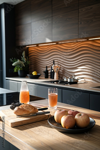 Interior of modern kitchen in minimalist style decorated with pattern on the wall. Table with some food on foreground.