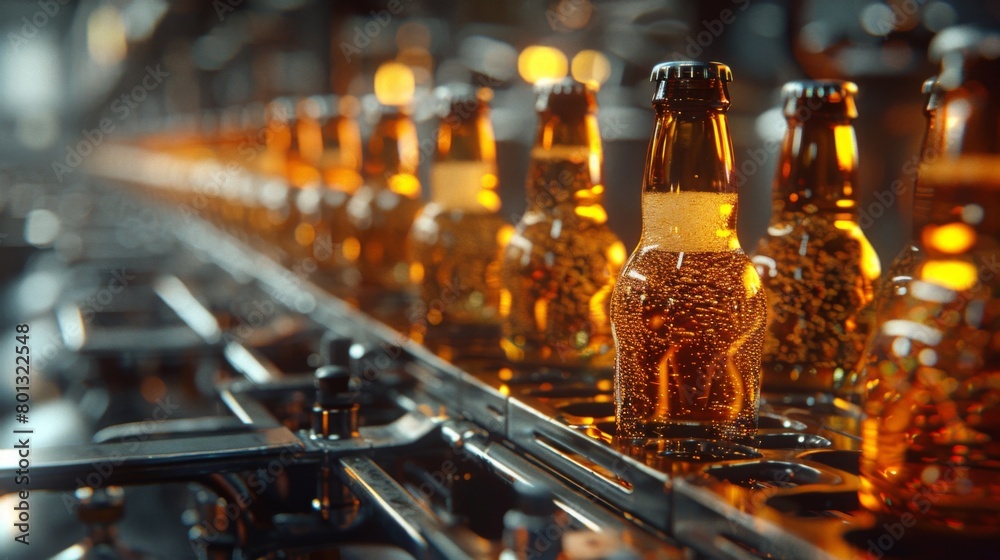 Carbonation and Packaging: A real photo shot capturing the carbonation and packaging process, with beer bottles or cans being filled and sealed, maintaining naturalness in the packaging area. Carbonation and Packaging: A real photo shot capturing the carbonation and packaging process, with beer bottles or cans being filled and sealed, maintaining naturalness in the packaging area.