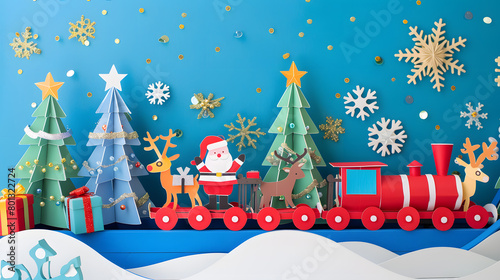 A vibrant Christmas greeting card or wallpaper featuring festive characters such as Santa Claus, reindeer, snowmen, with a Christmas tree decorated with stars and gifts.