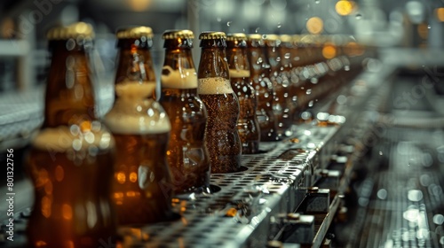 Carbonation and Packaging: A real photo shot capturing the carbonation and packaging process, with beer bottles or cans being filled and sealed, maintaining naturalness in the packaging area. photo