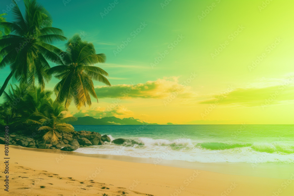 Idyllic tropical beach scene with golden sand, swaying palm trees, and turquoise waters under a warm sunset sky.