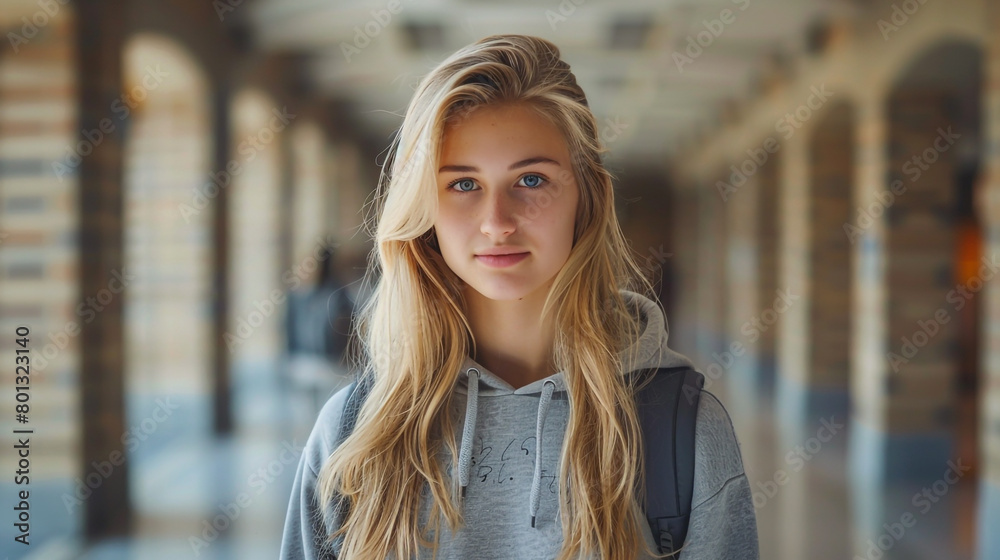 A stunning blonde student, sporting a sweatshirt and backpack, stands in a university hallway.