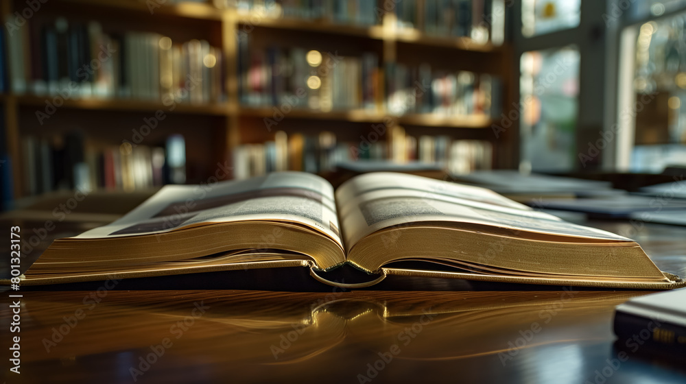 Open book lies on a glossy wooden table, bathed in sunlight filtering through a library filled with shelves of books. Open book lies on a glossy wooden table, bathed in sunlight filtering through a library filled with shelves of books.
