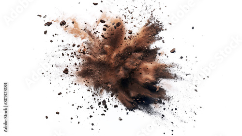 Dirt and soil explode in the air on white background