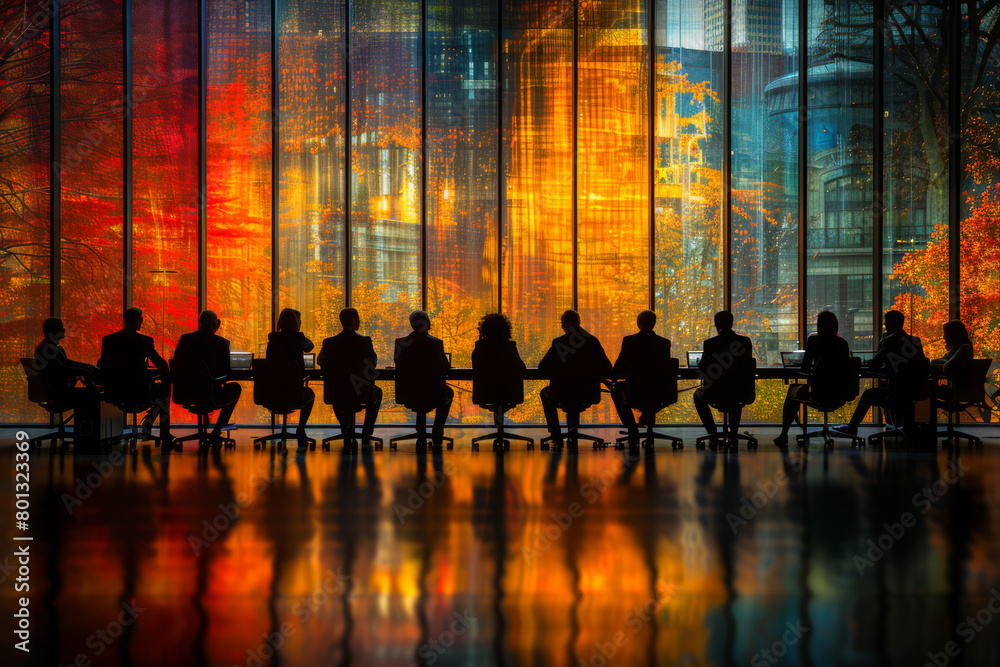 Corporate Team Silhouetted Against Fiery Autumnal Cityscape