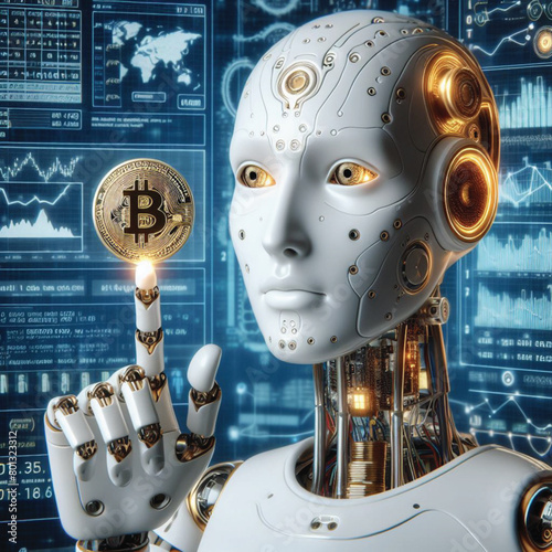 A robot with a human-like index finger touching a Bitcoin coin displays information related to financial development, planning, investing, numbers, graphs and circuit boards.