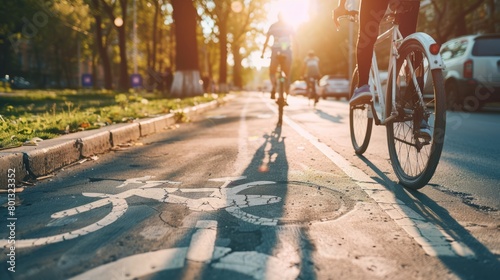 bike lane and bike symbol on street. copy space. world bicycle day background concept photo