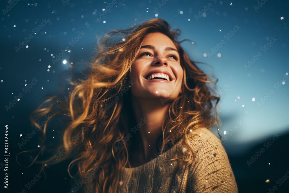 Portrait of a smiling woman in her 20s dressed in a warm wool sweater in sparkling night sky Portrait of a smiling woman in her 20s dressed in a warm wool sweater in sparkling night sky