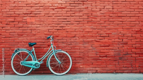 bicycle leaning against red brick wall with copy space, vintage color tone. world bicycle day background concept. © Otseira