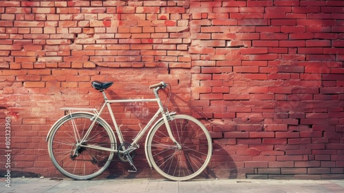 bicycle leaning against red brick wall with copy space, vintage color tone. world bicycle day background concept.