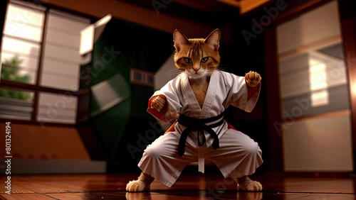 Cute cat in karate uniform. Generative AI