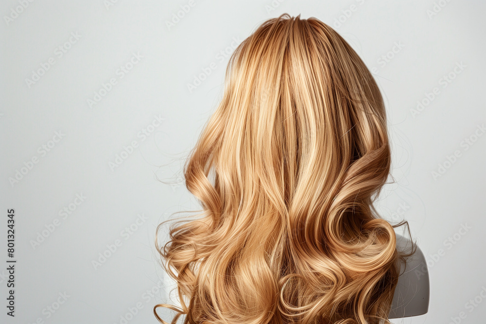 Fototapeta premium A blonde wig with brown tones, featuring curly and wavy textures, elegantly displayed on a wig stand against a plain white background. This real hair wig showcases the quality and versatility