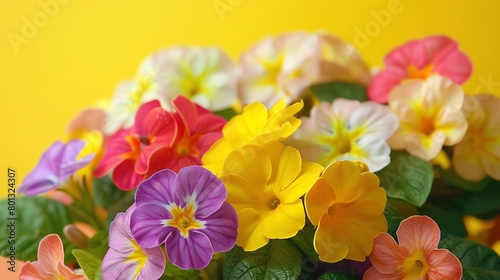 Array of multicolored primroses  cheerful yellow background  spring festival magazine cover  vibrant natural light  full page display