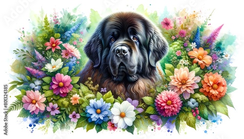 Watercolor painting of a Newfoundland dog with flowers photo