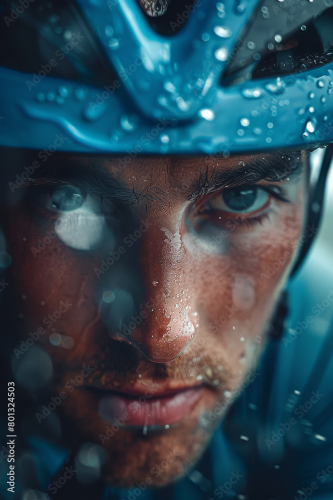 Determined Cyclist's Gaze Through a Rain-Speckled Helmet Visor