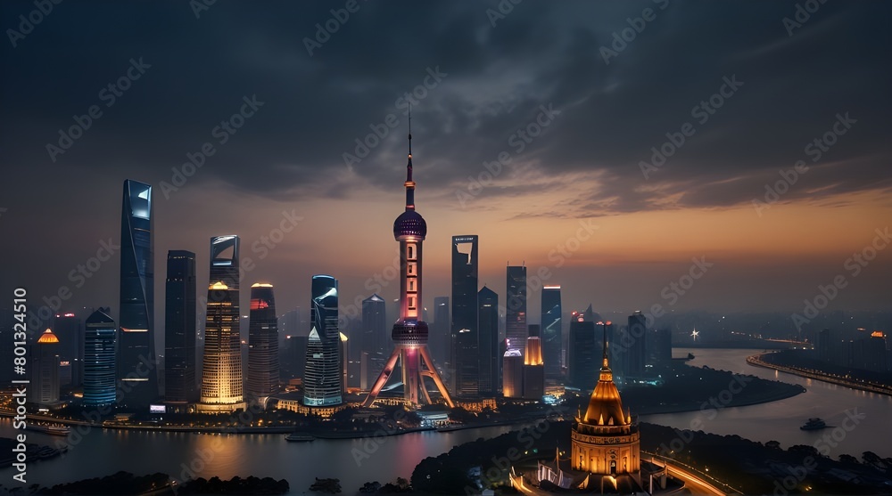 Shanghai city skyline, Panoramic view of shanghai skyline.generative.ai