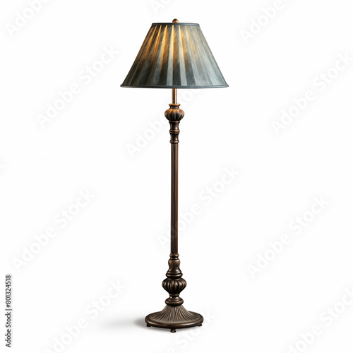 Elegant bronze floor lamp with a pleated blue lampshade photo