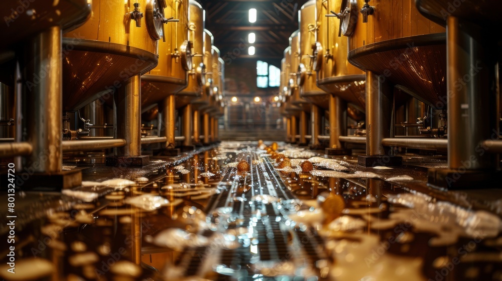 Conditioning and Maturation: A real photo shot of beer undergoing conditioning and maturation in aging tanks or oak barrels, maintaining naturalness in the cellar or aging room.