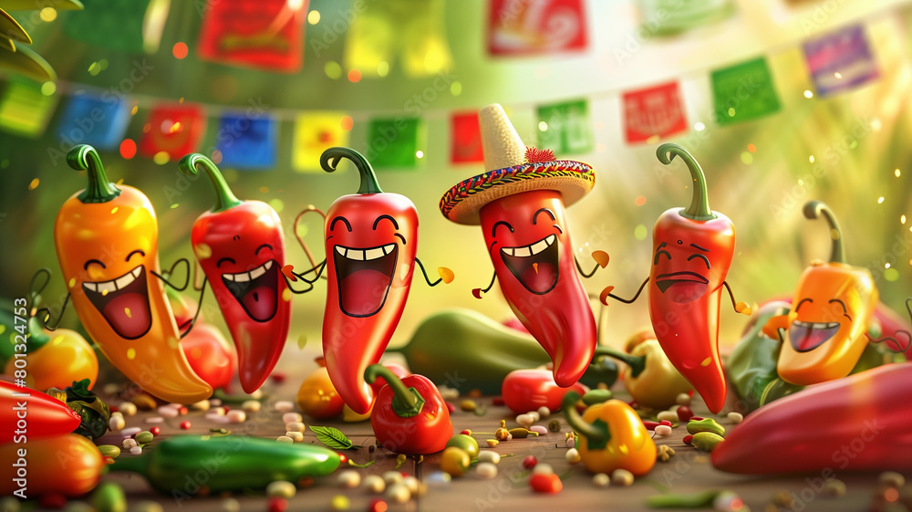 A group of colorful peppers having a fiesta, with salsa music playing in the background