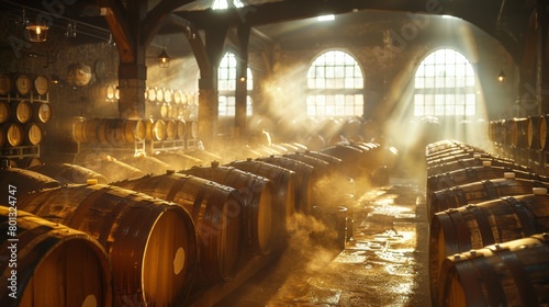 Conditioning and Maturation: A real photo shot of beer undergoing conditioning and maturation in aging tanks or oak barrels, maintaining naturalness in the cellar or aging room. photo