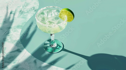 A refreshing isometric view of a margarita on the rocks with a lime wedge