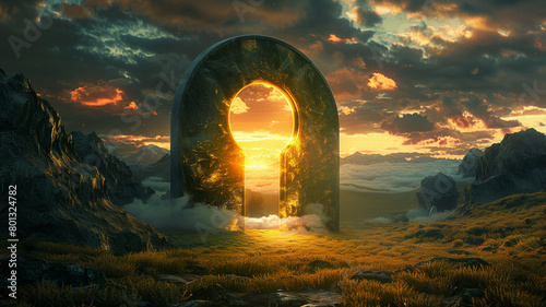 A large stone portal stands in a field of grass. The portal is in the shape of a keyhole, and it is glowing with a bright light. The sky is dark and cloudy, and the sun is setting behind the portal.
