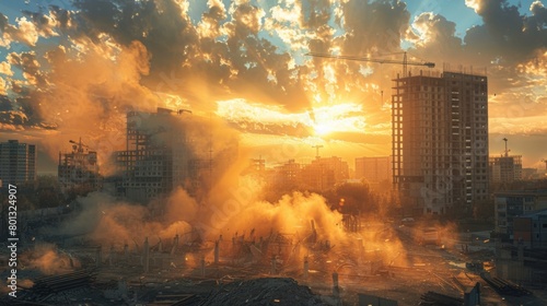Construction Dust: A real photo capturing construction sites emitting dust and debris into the air, exacerbating the PM 2.5 dust crisis in urban areas. photo