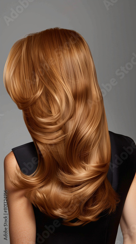 Professional photo of a hair model showcasing beautiful, flowing light brown hair from a back view, ideal for use on a hair dye package. The image highlights the hair's natural shine and volume
