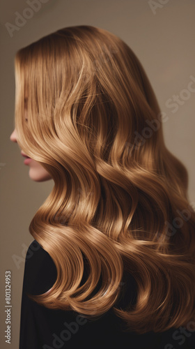 Professional photo of a hair model showcasing beautiful, flowing light brown hair from a back view, ideal for use on a hair dye package. The image highlights the hair's natural shine and volume