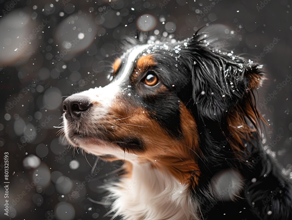 A dog stands in a snowy landscape, bathed in golden sunlight with snowflakes glistening.