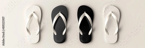 Slippers and flip flops at the beach, vector design template. Realistic 3d blank mockup. Sign with beach slippers. Black and White Flip Flops. isolated on white background 