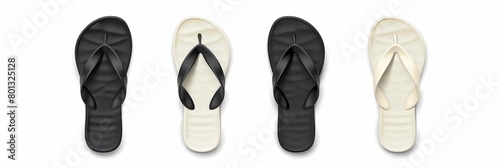 Slippers and flip flops at the beach, vector design template. Realistic 3d blank mockup. Sign with beach slippers. Black and White Flip Flops. isolated on white background  photo