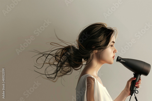 A dynamic side view of a woman using a hair dryer, with her hair dramatically flowing upwards. This image captures the power and effectiveness of the hair dryer in creating volume and movement. 