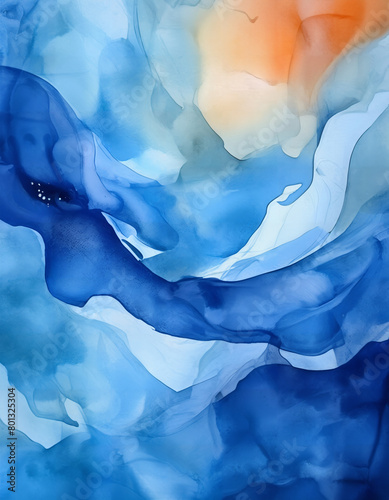 An abstract oil painting in blue color tones