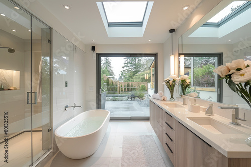A spacious bathroom with a large glassed-in steam room  a modern vanity area and tub on the left side of the picture  a skylight above the bathtub for natural light