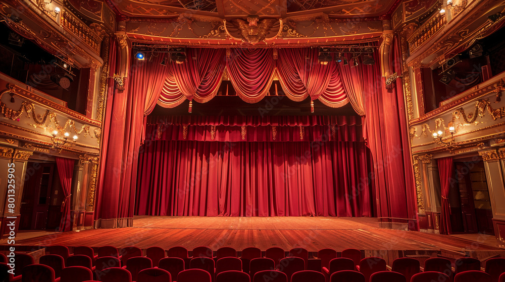 Fototapeta premium The theater stage with red velvet curtains and seats for the audience, classic theater interior background. Stock photo