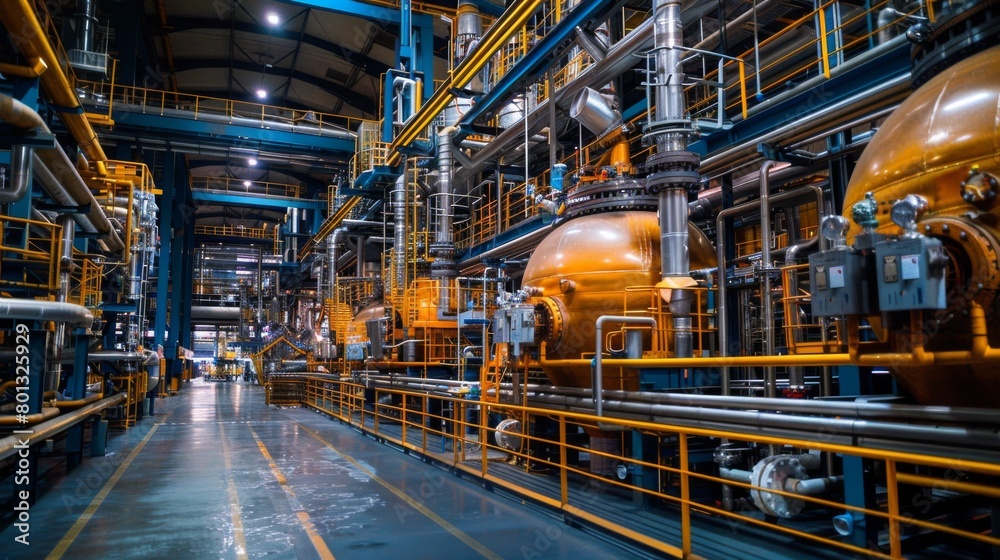 A large industrial building with many pipes and tanks. The building is very large and has a lot of machinery A large industrial building with many pipes and tanks. The building is very large and has a lot of machinery