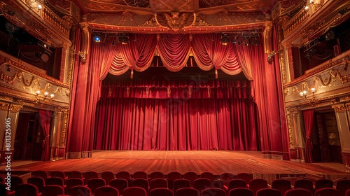 The theater stage with red velvet curtains and seats for the audience, classic theater interior background. Stock photo