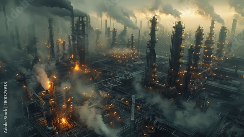 A real photo shot depicting cracking units in operation, where heavy hydrocarbons are broken down into lighter, more valuable products, maintaining the naturalness of the refinery's industrial setting photo