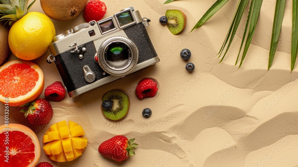 Old photo camera with summer fruits on sand background. Top view. summer background concept. with copy space Old photo camera with summer fruits on sand background. Top view. summer background concept. with copy space
