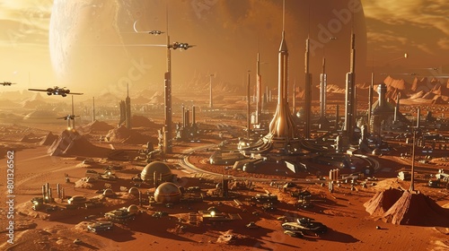 A 3D model of a city built on Mars, with futuristic buildings and flying vehicles, depicting humanitys potential for colonizing other planets #801326562